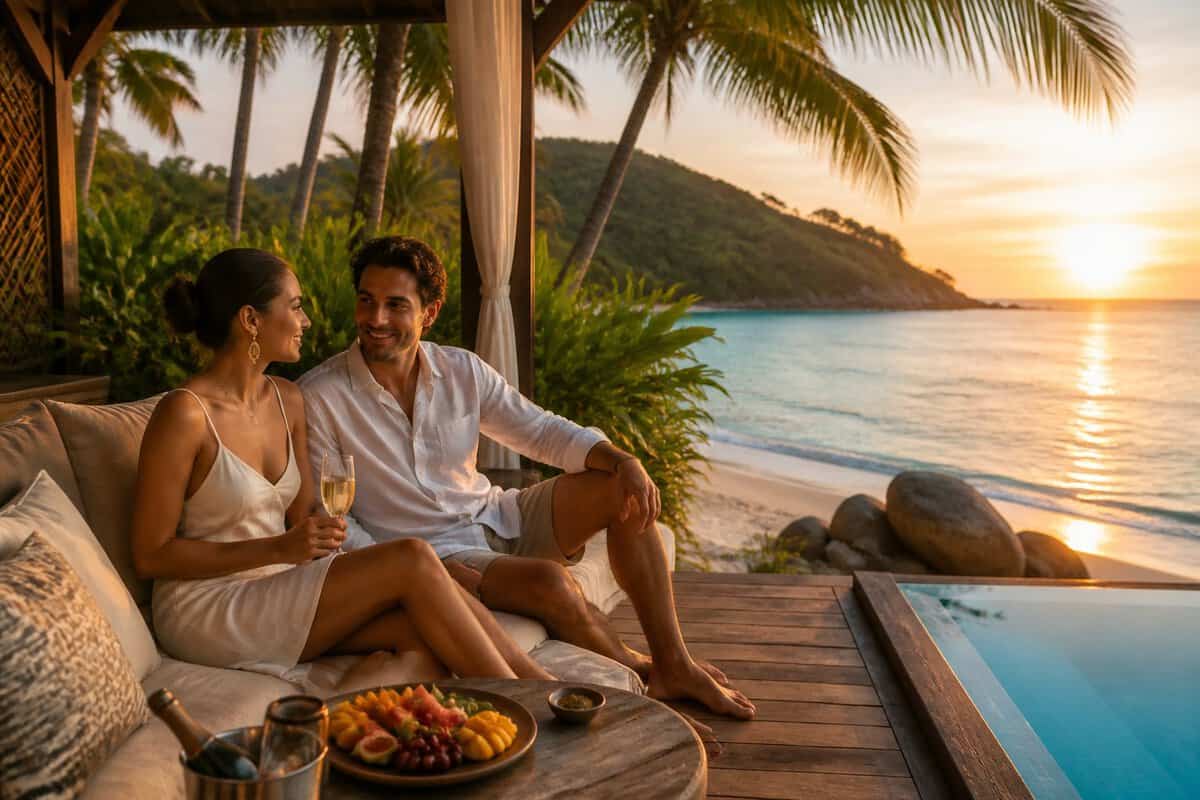 A newlywed couple enjoys a private tropical resort terrace overlooking the ocean at sunset.