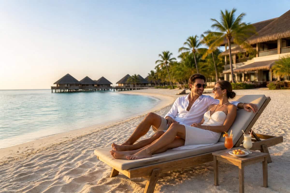 Newlywed couple relaxing at a luxurious tropical beachfront resort.