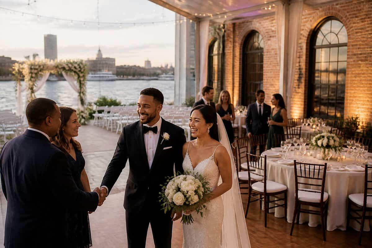 A couple celebrates with guests at an elegant waterfront wedding venue with decorated tables and a floral ceremony arch.