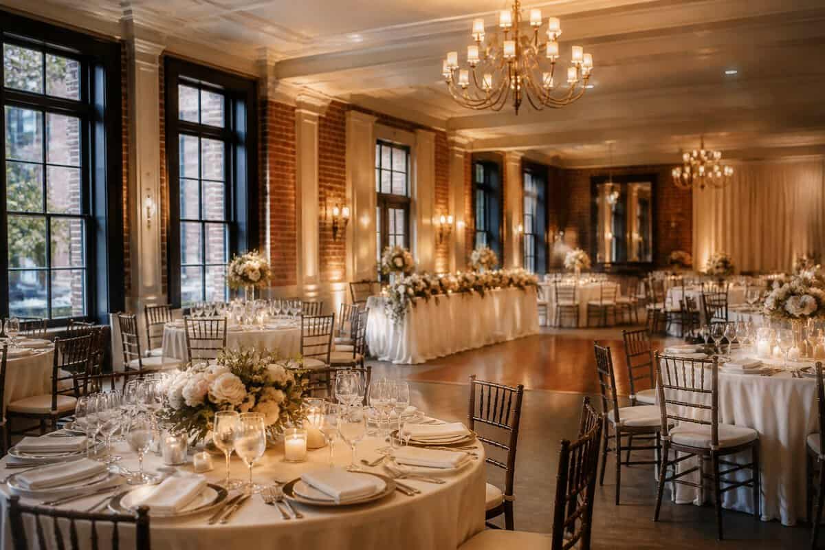 Elegant Baltimore wedding reception venue set with decorated tables, floral centerpieces, and warm lighting.