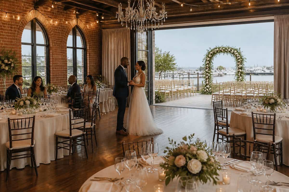 An elegant wedding venue with decorated reception tables, a ceremony arch, and guests celebrating near a scenic waterfront setting.