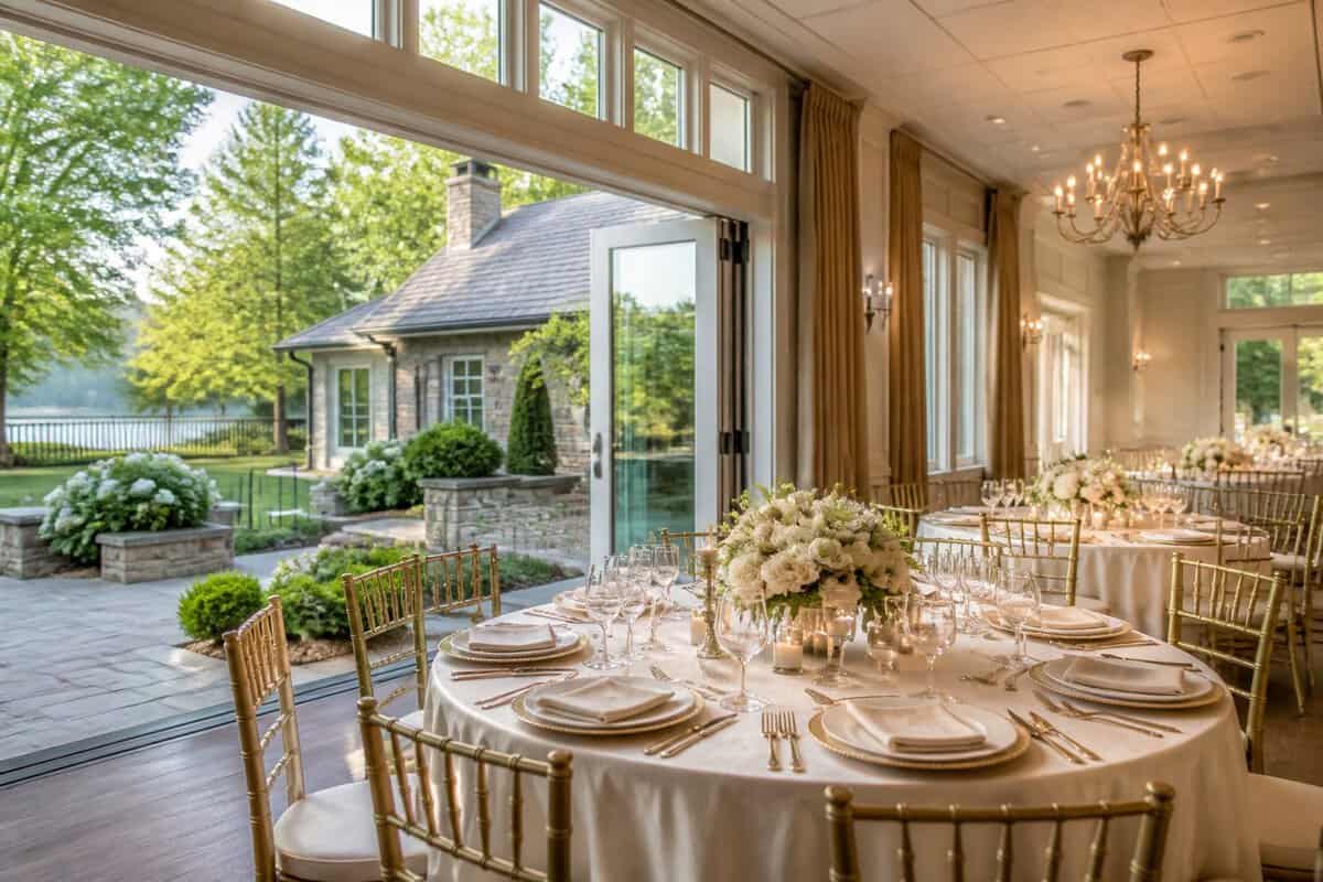 Elegant wedding reception venue with a decorated table opening onto landscaped gardens.
