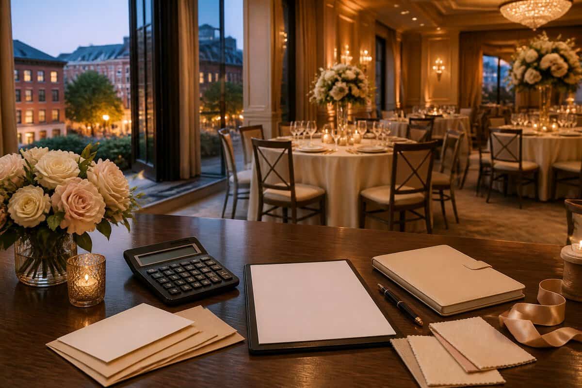 A decorated wedding reception table with budget planning materials in the foreground and a warmly lit venue in the background.