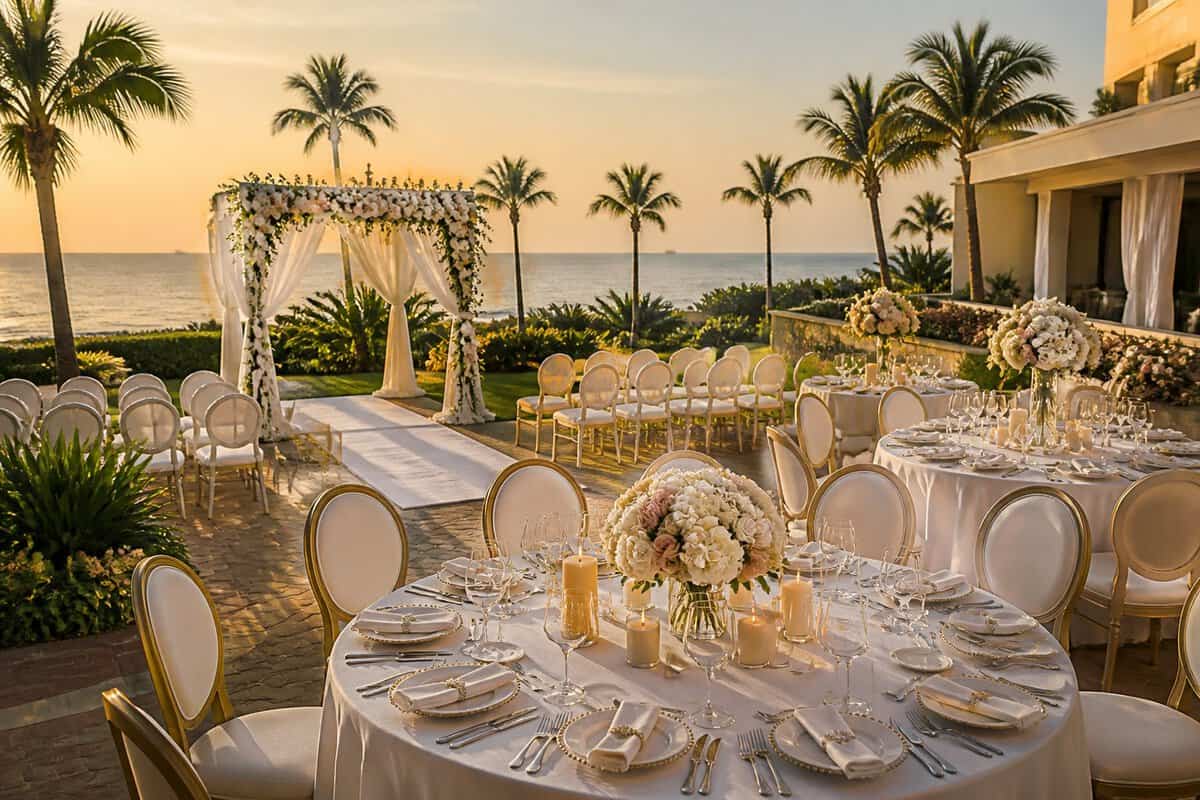 An elegant seaside wedding venue in Durban with a decorated ceremony arch, reception tables, palm trees, and the ocean in the background.