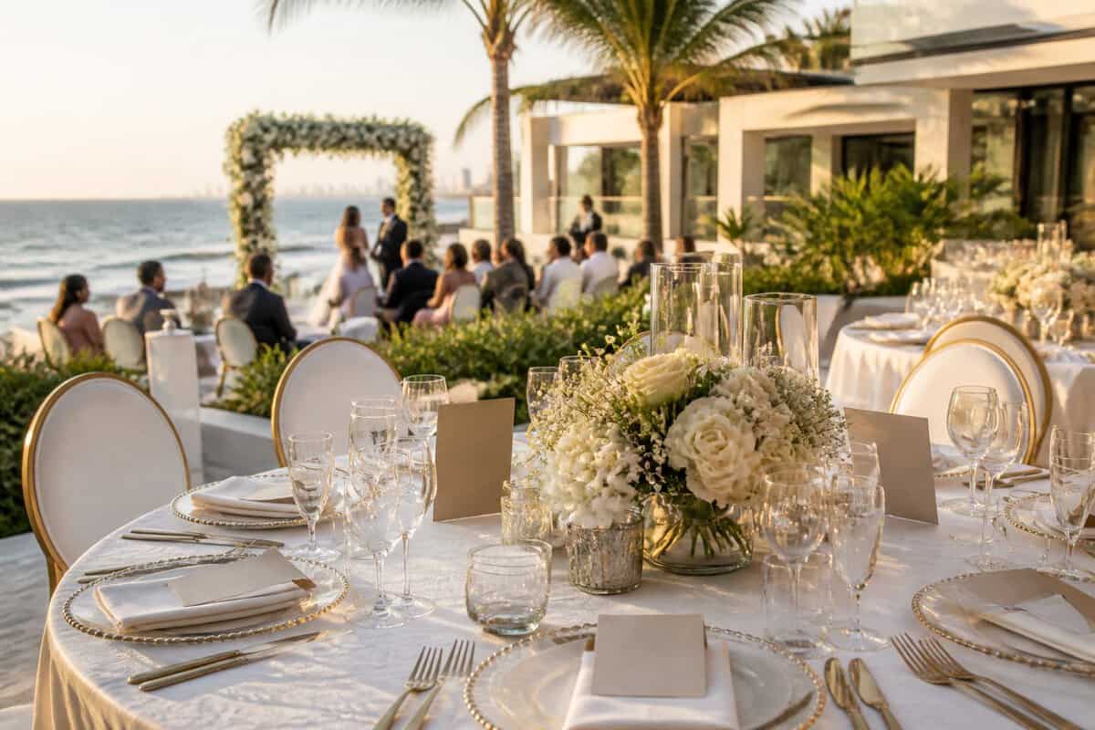 Elegant wedding reception table at a coastal Durban venue with tropical greenery and the ocean in the background.