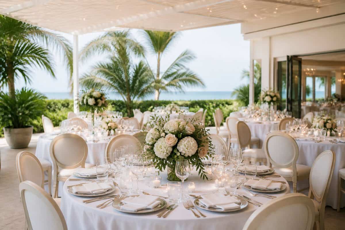 An elegant outdoor wedding reception at a landscaped coastal venue.