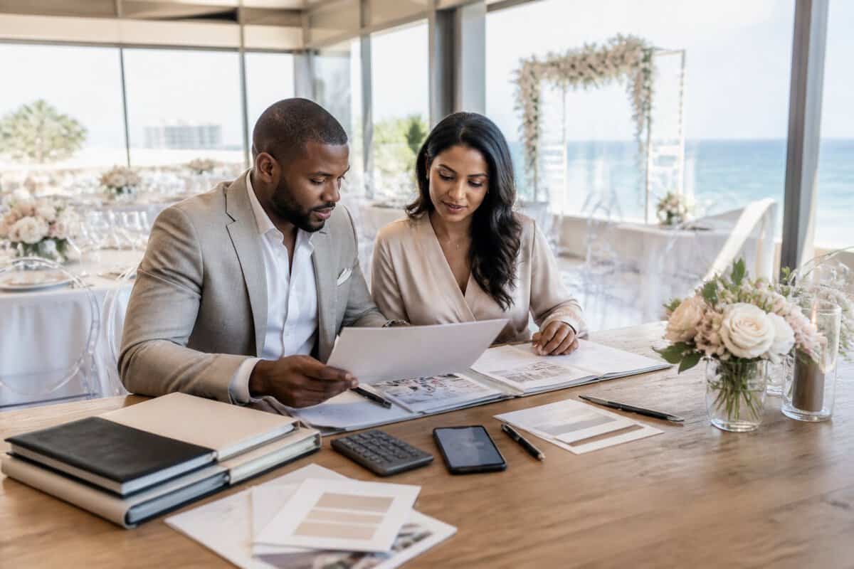 Couple comparing wedding venue package materials at an elegant reception table.