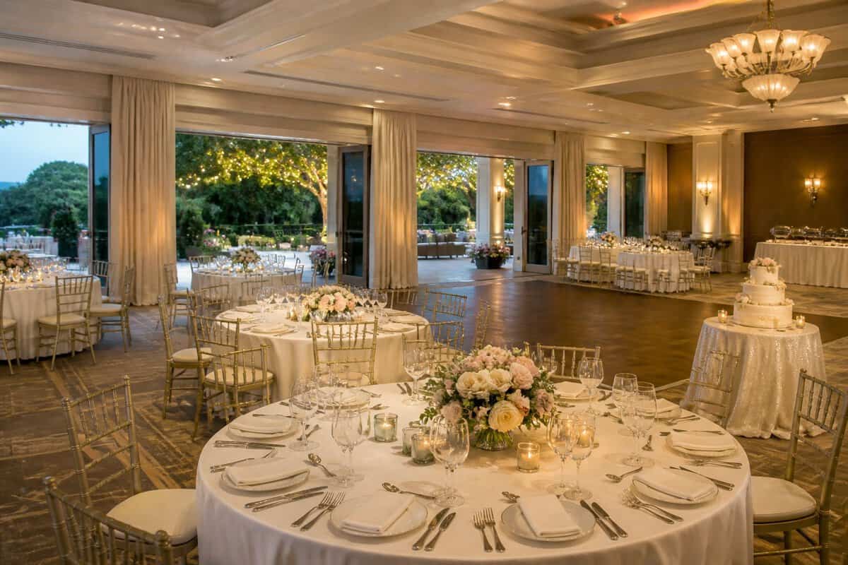 Elegant wedding reception venue with decorated tables, floral centerpieces, chandeliers, and an outdoor terrace.