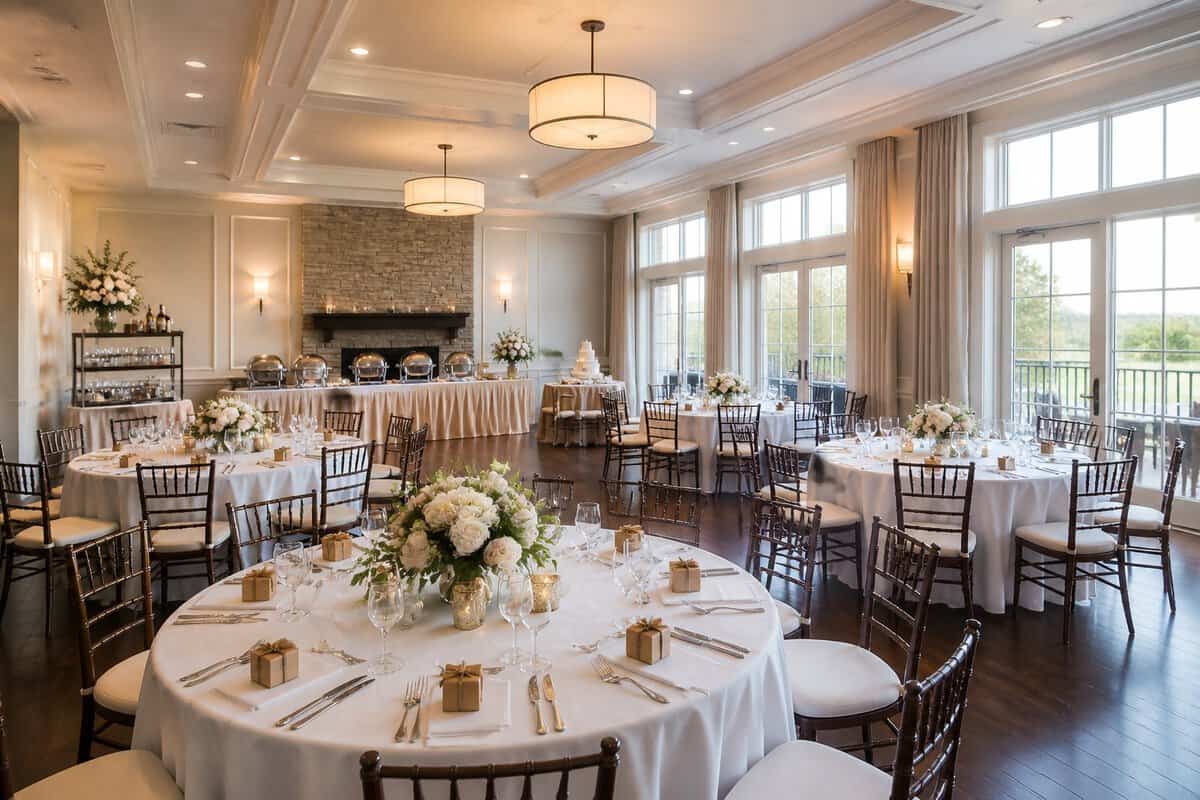 An elegantly prepared wedding reception venue with decorated dining tables, floral centerpieces, buffet service, beverages, and a dessert display.