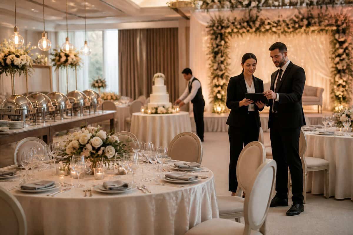 An elegant wedding reception venue prepared with decorated tables, catering service, and staff organizing the event.