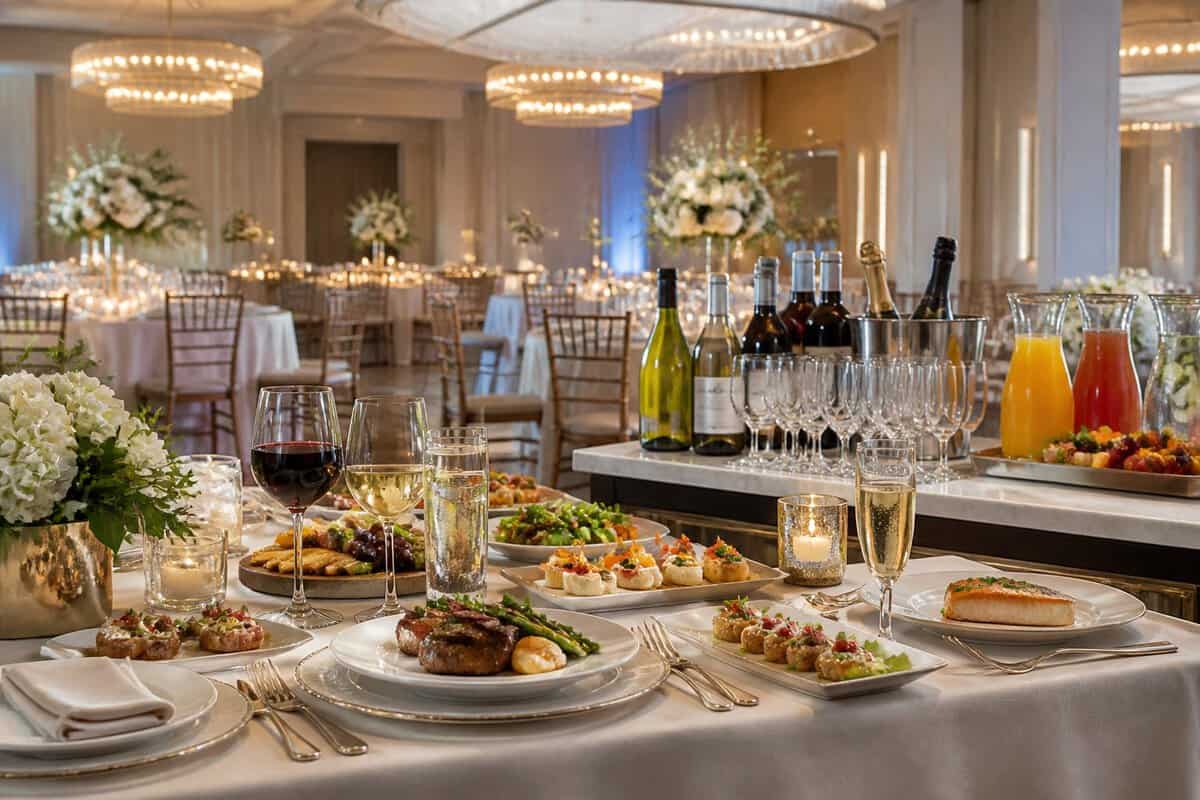Elegant wedding reception table with plated food, drinks, and neatly arranged dining details.