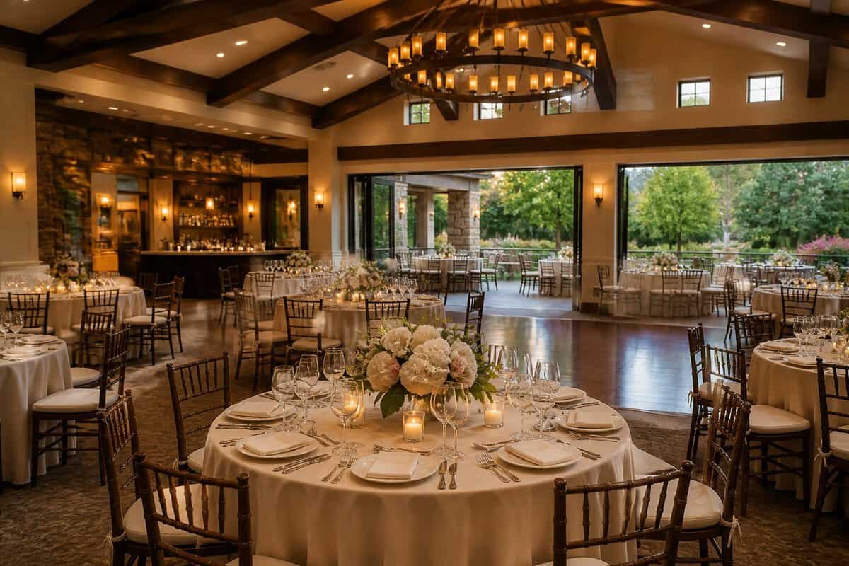 Elegant wedding reception venue with decorated tables, floral centerpieces, a dance floor, and garden views.