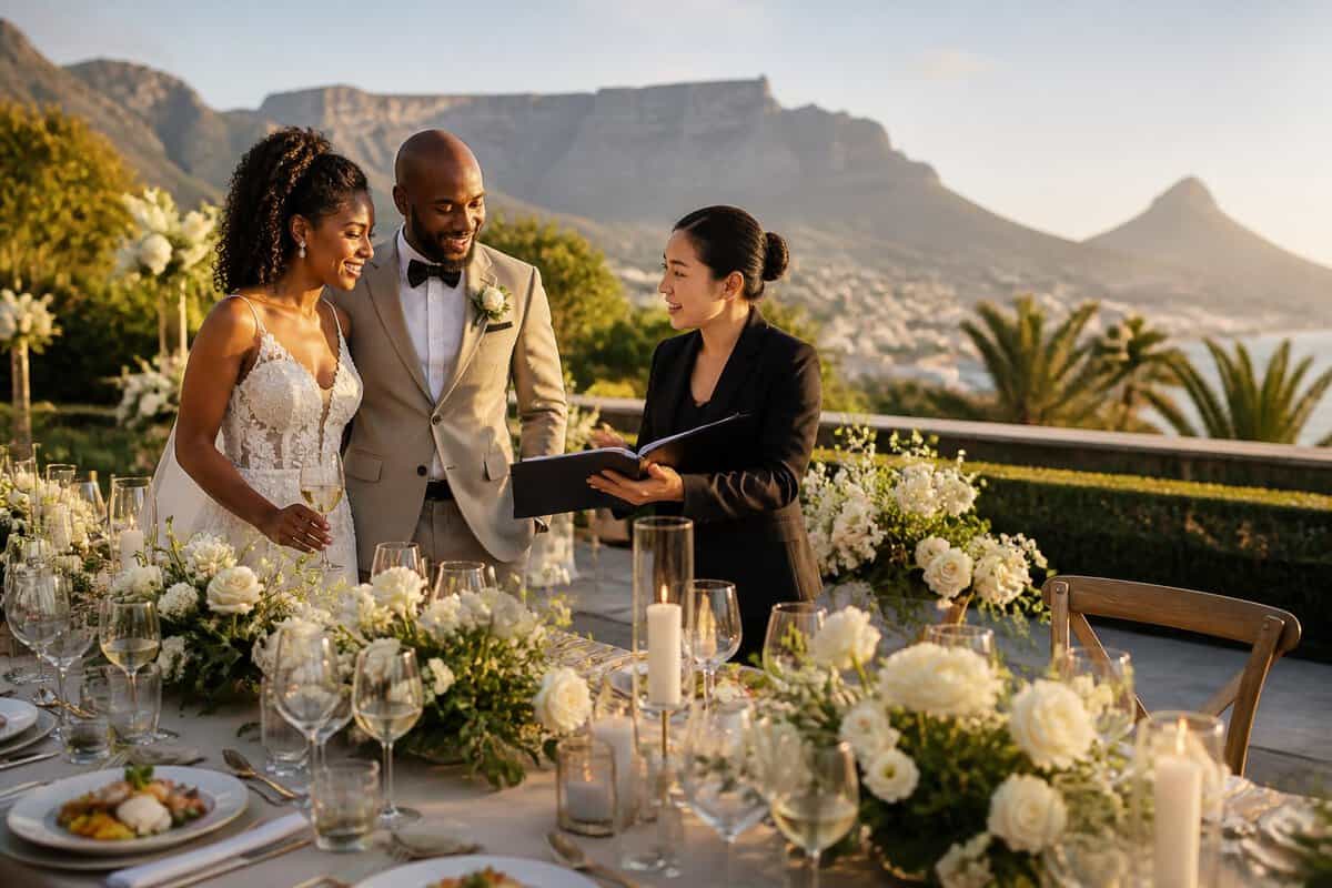 An elegant outdoor wedding reception at a Cape Town venue, with a couple and staff member near a decorated dining table and mountains in the background.