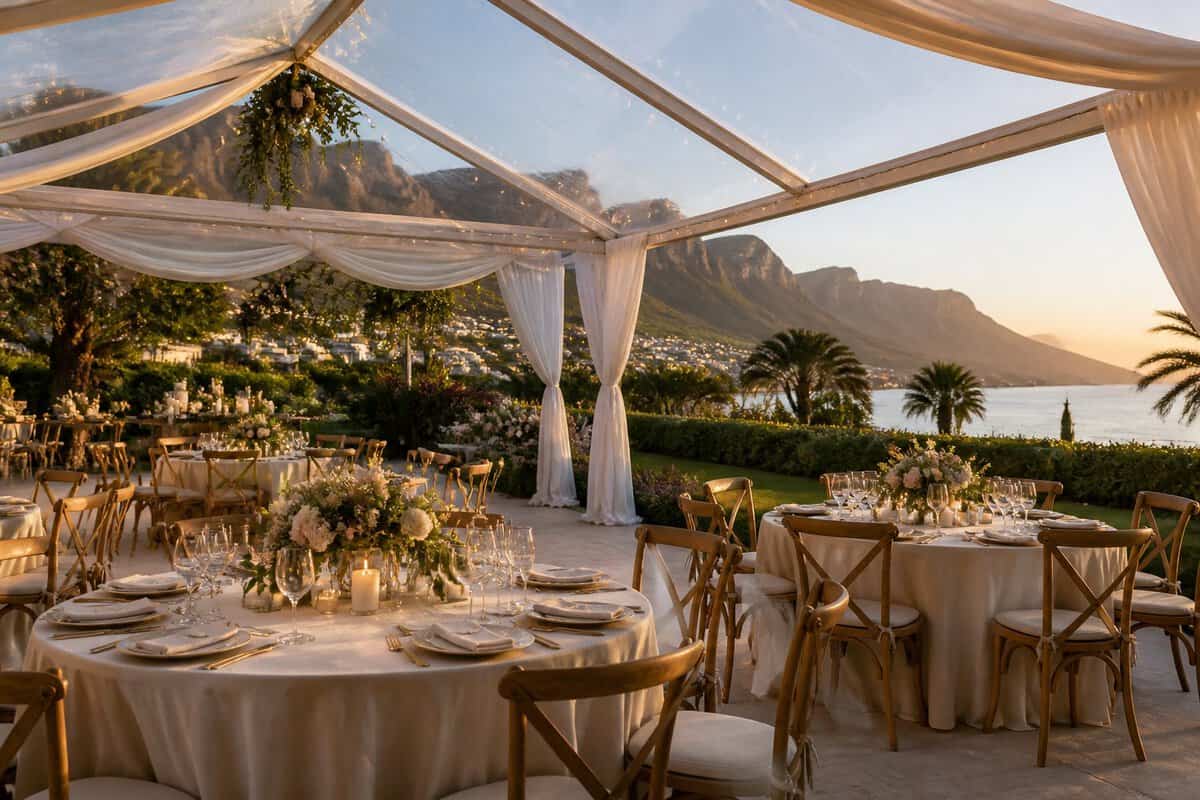 Elegant outdoor wedding reception overlooking a lush garden and Cape Town mountains.