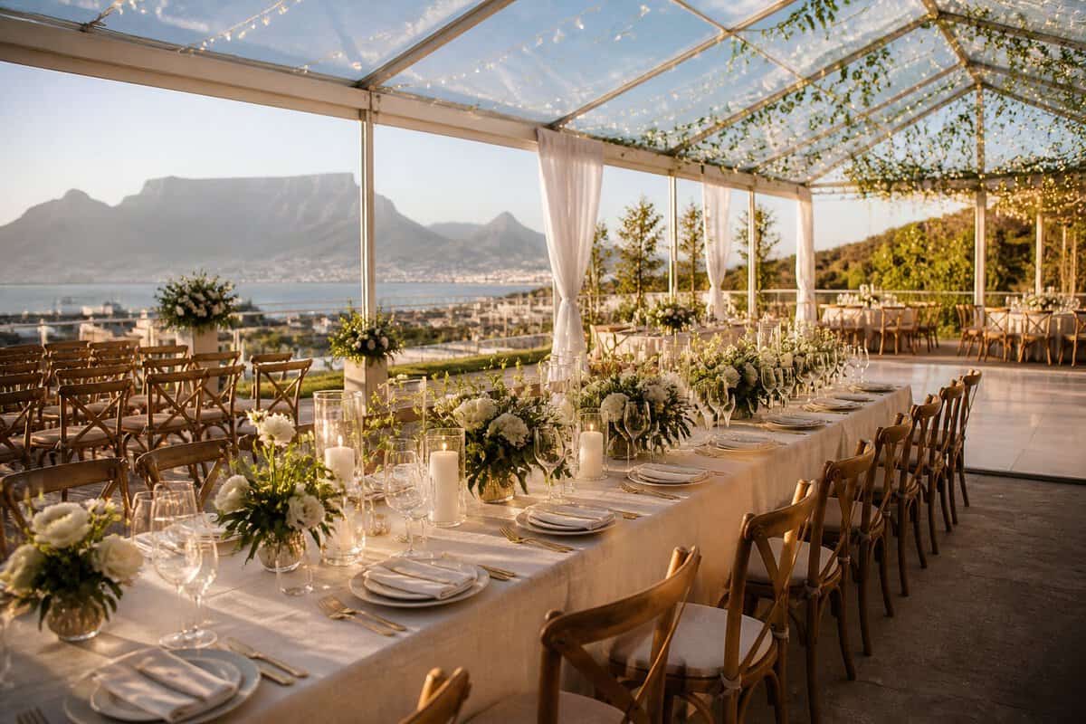 An elegant outdoor wedding reception overlooking a Cape Town landscape with Table Mountain in the distance.