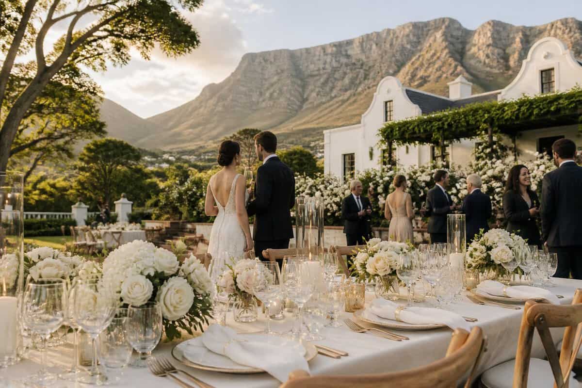 An elegant wedding reception at a Cape Town venue with Table Mountain in the background.