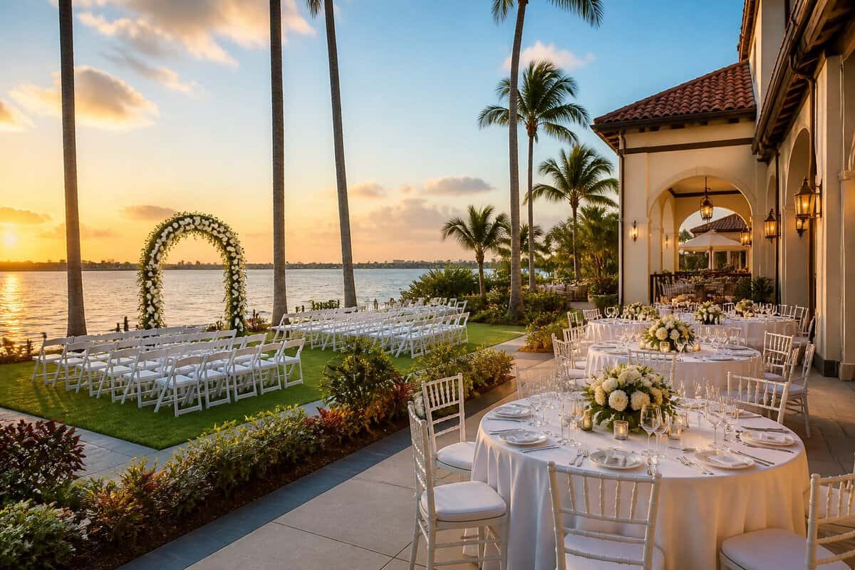 Elegant waterfront wedding venue with a floral ceremony arch, white chairs, tropical landscaping, and a decorated reception terrace.