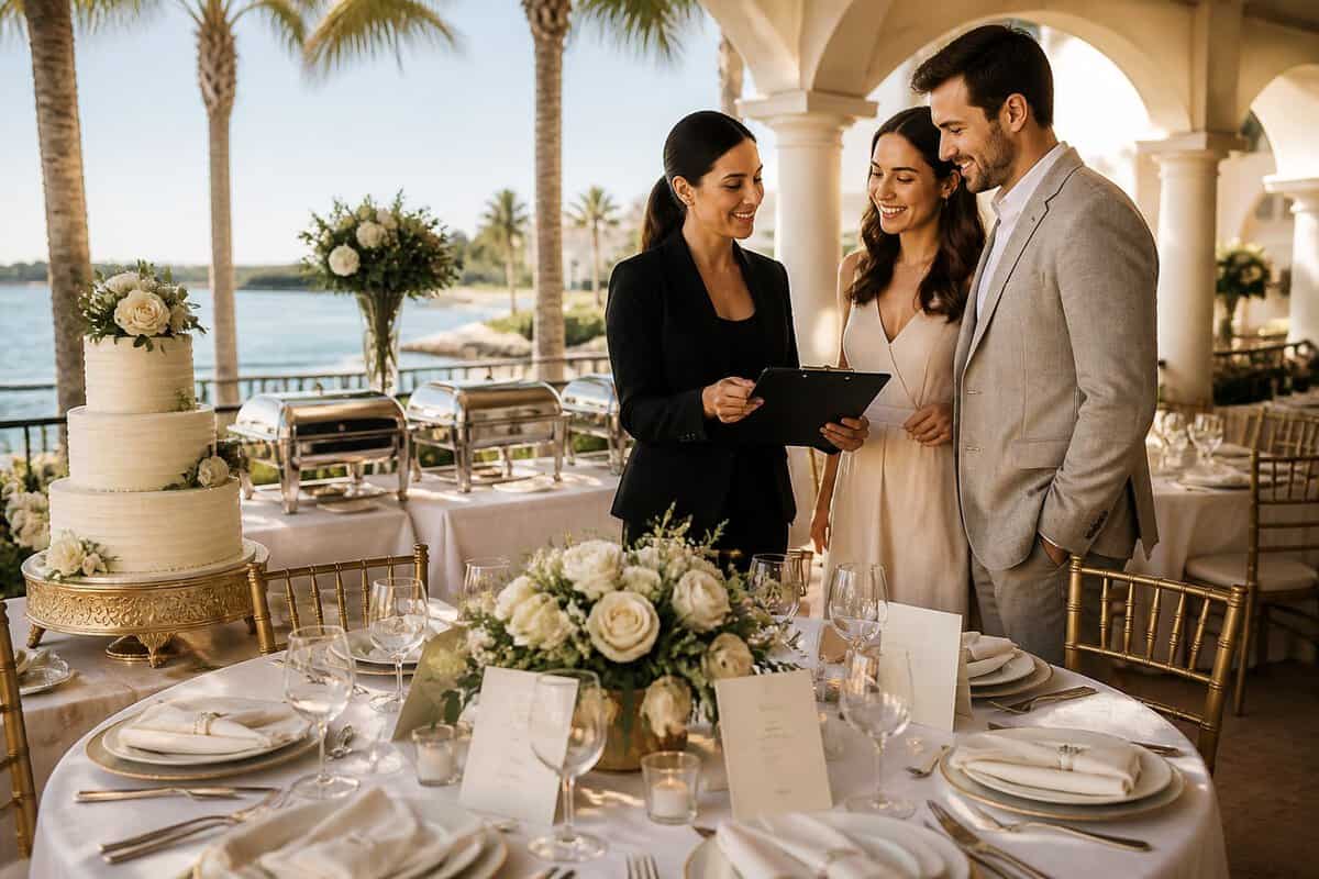 A wedding couple speaks with a venue coordinator beside a fully prepared reception table at a tropical waterfront venue.