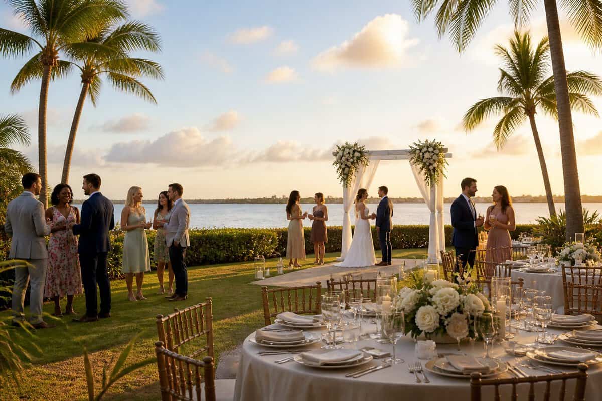 A couple and guests gather at an elegant waterfront wedding venue with floral décor and tropical greenery.