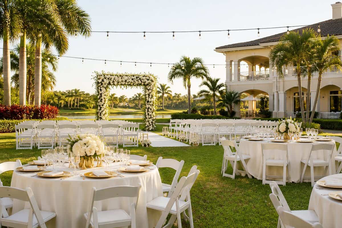 Elegant outdoor wedding setup at a tropical country club resort near Fort Myers.