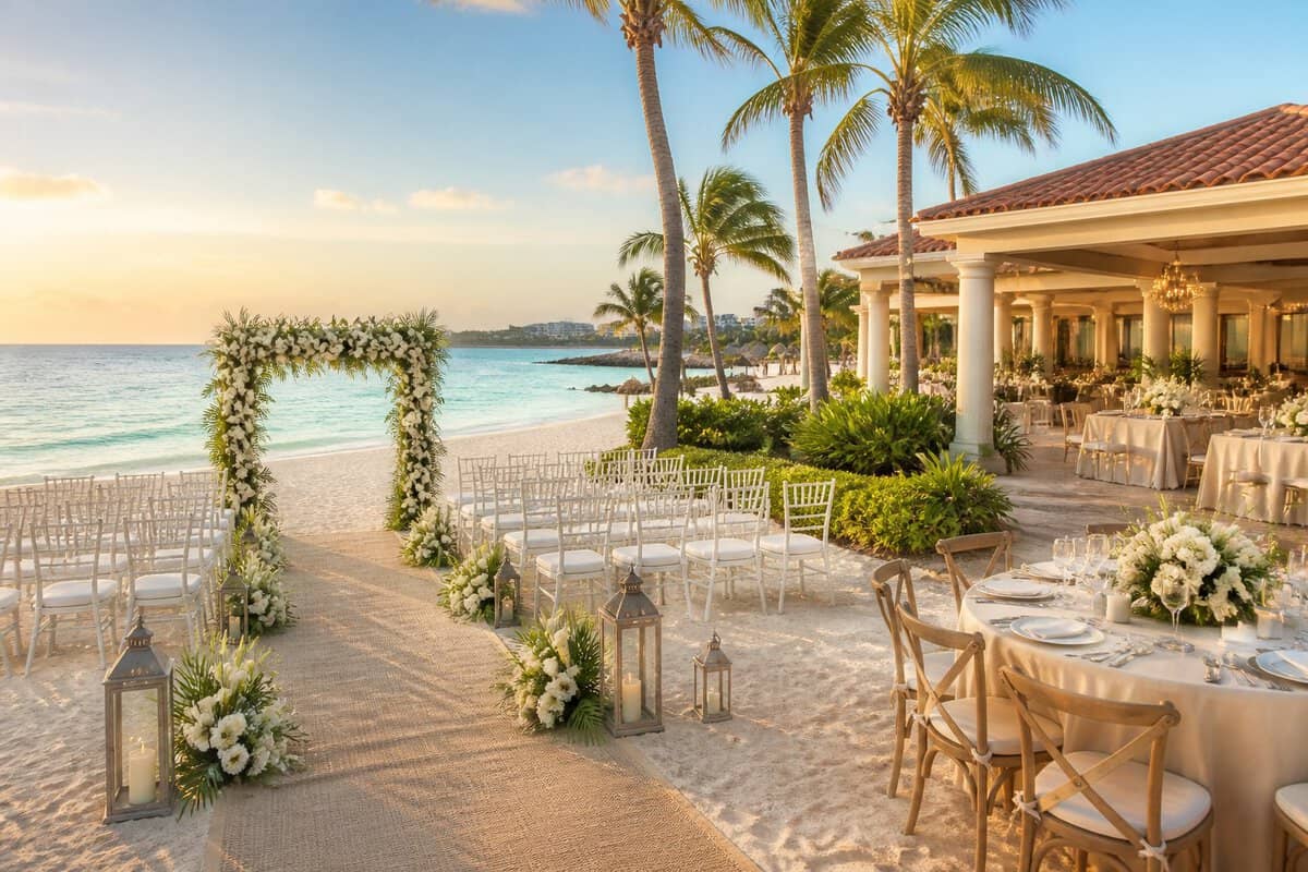 A decorated beachfront wedding venue in Aruba with white chairs, tropical flowers, palm trees, and turquoise ocean water.