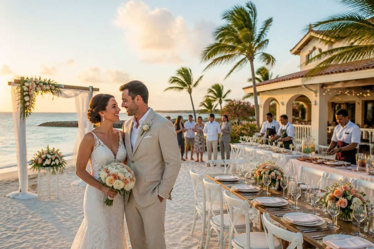 Newlywed couple at a tropical Aruba beach wedding venue with a decorated ceremony arch, reception tables, and guests.