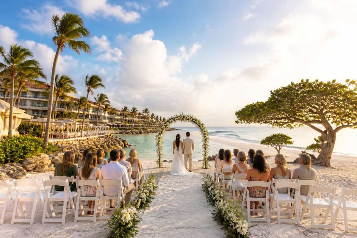 A tropical beach wedding setup between a lively resort shoreline and a quiet white-sand beach in Aruba.