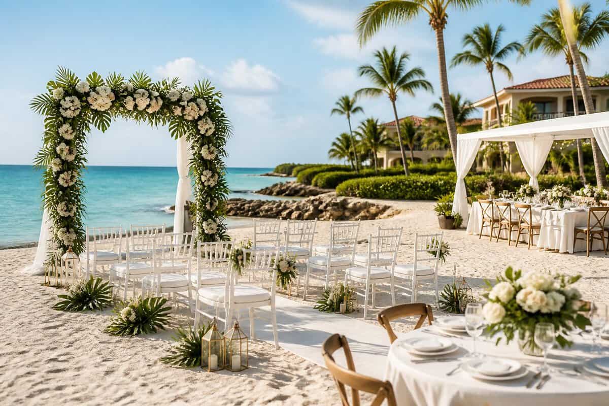 An elegant beach wedding setup with white chairs, tropical flowers, and turquoise water at a resort in Aruba.