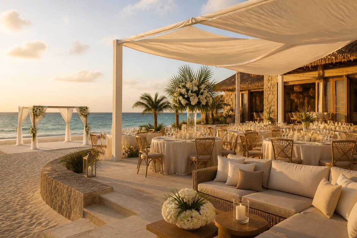 Elegant beachfront wedding venue with a decorated reception area overlooking the turquoise sea in Aruba.