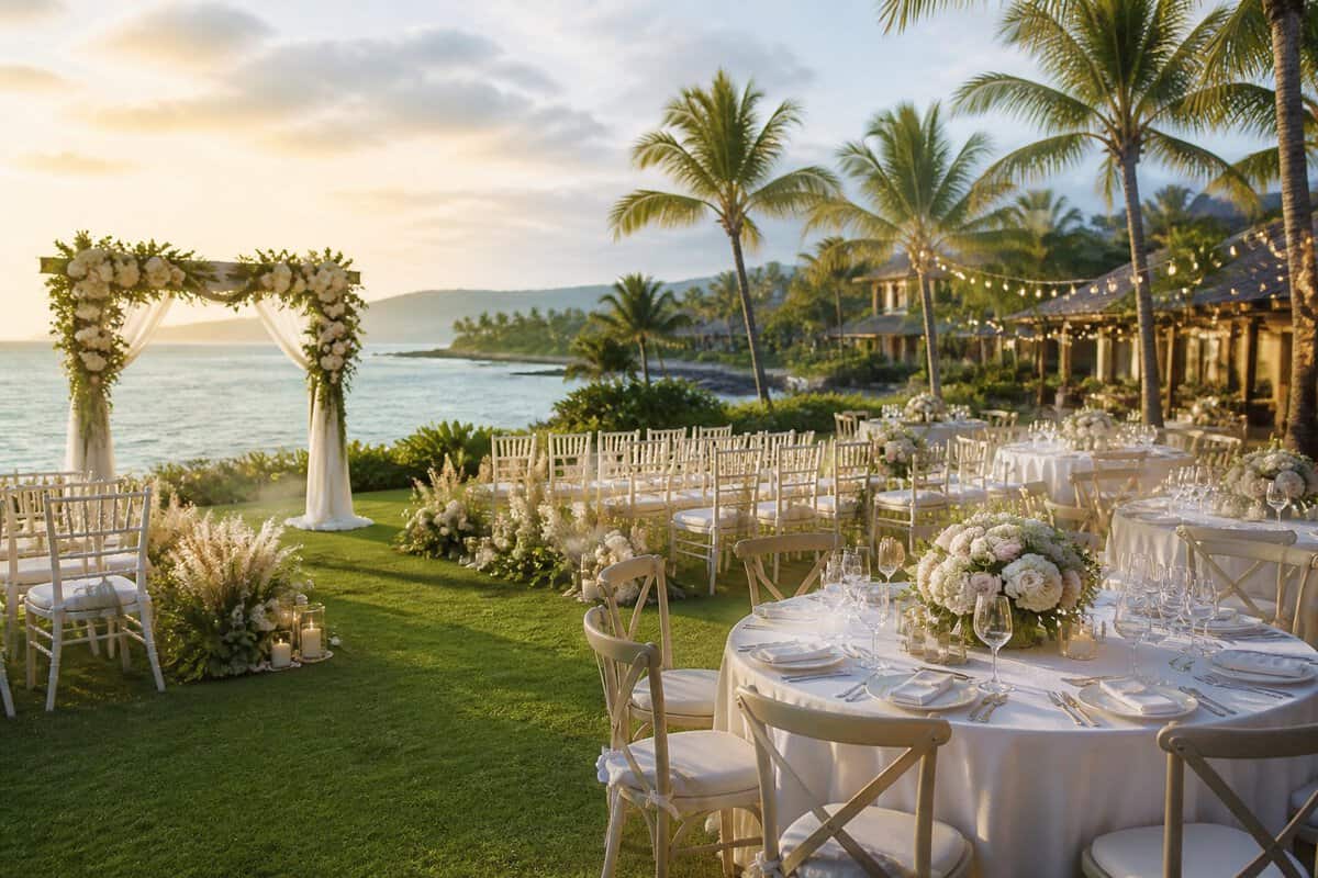 A decorated seaside wedding ceremony and reception area at a tropical resort.