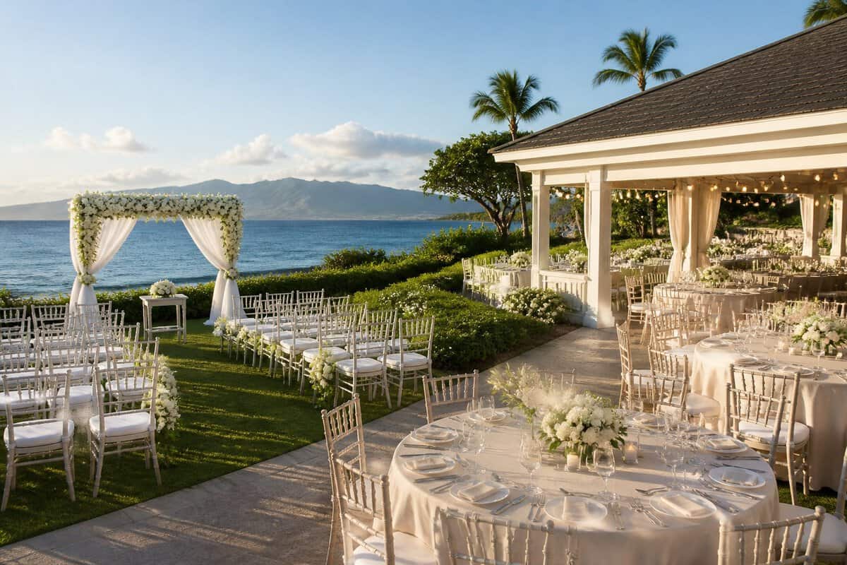 An elegant destination wedding venue with a decorated ceremony area, reception tables, and a scenic resort backdrop.