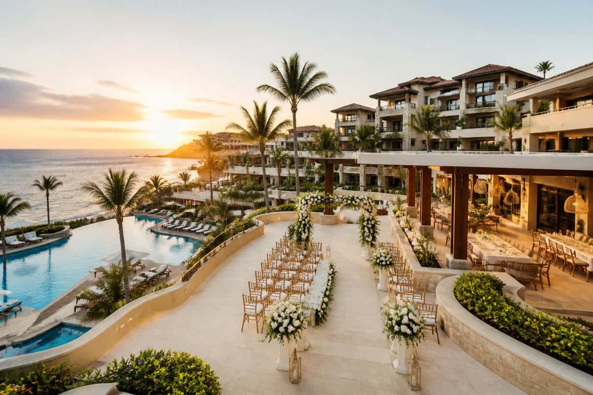 A tropical resort wedding venue with a decorated ceremony area, reception terrace, pool, and ocean view.