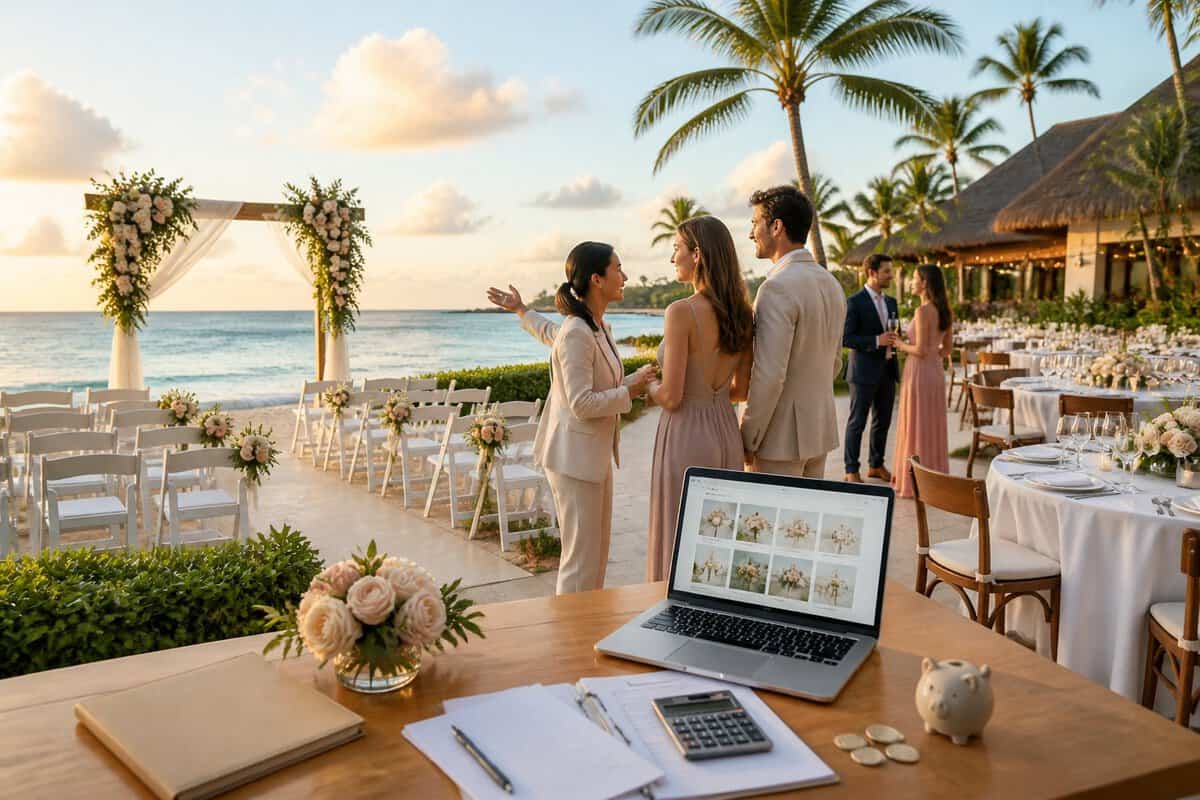 An elegant beachfront wedding venue with decorated ceremony seating, a reception area, and people planning an event.