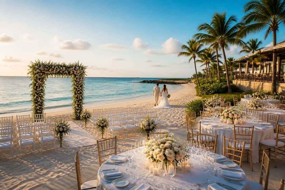 A newlywed couple walks past an elegant beach wedding setup at a tropical all-inclusive resort.