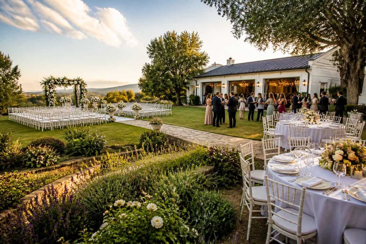 An elegant wedding venue in Gauteng with decorated outdoor ceremony seating, landscaped gardens, and a reception area.