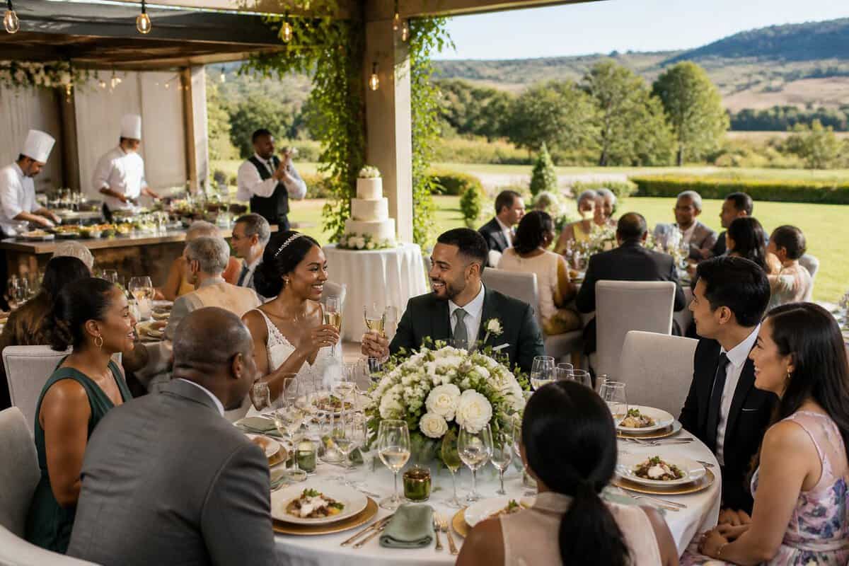 A diverse wedding party enjoying a catered reception at an elegant outdoor venue in Gauteng.
