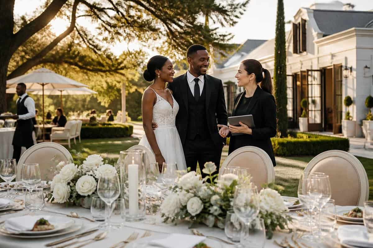 A bride and groom consult a venue coordinator beside a beautifully set outdoor wedding reception at a Gauteng estate.