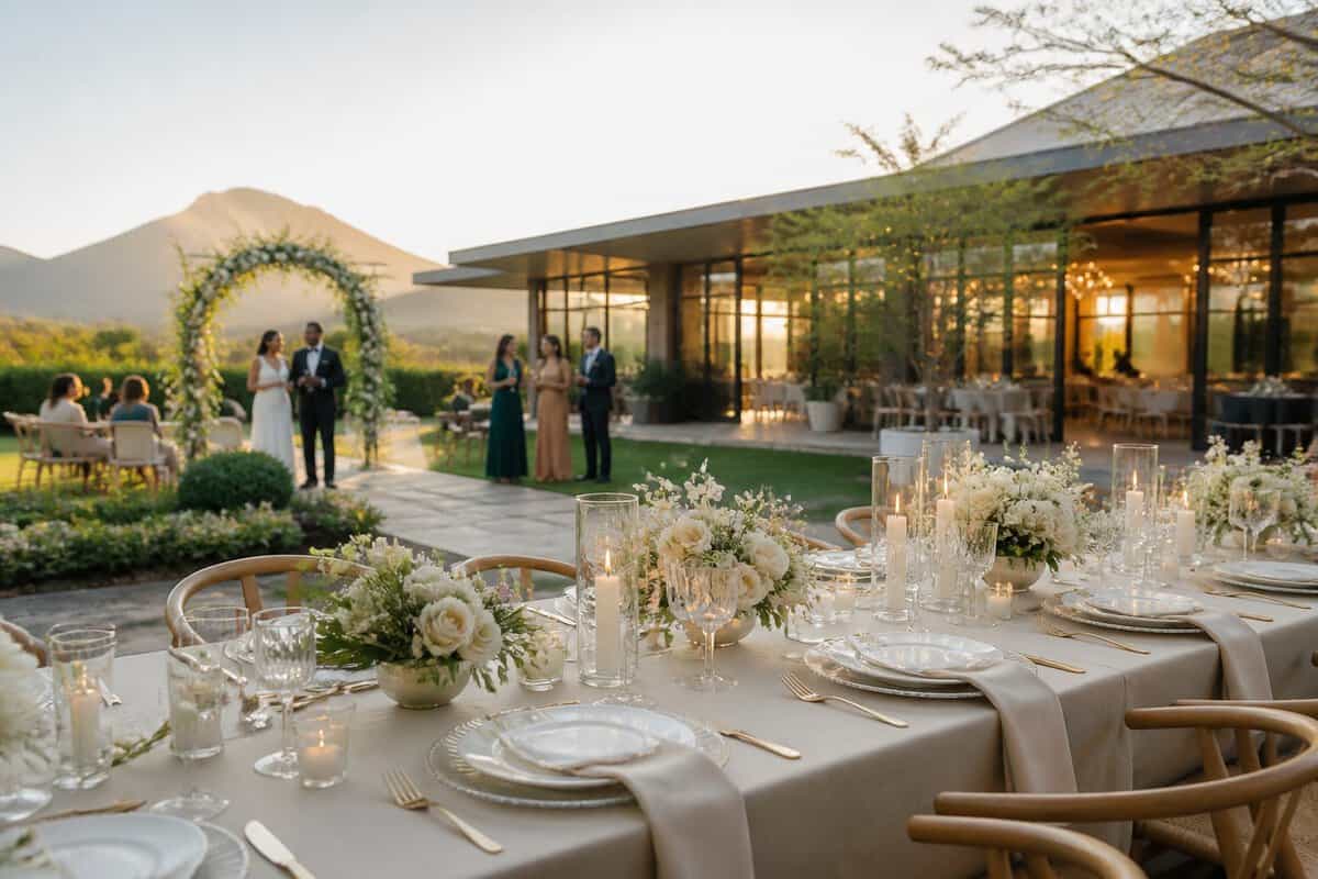 An elegant outdoor wedding reception at a landscaped venue, with decorated tables, a floral ceremony arch, and guests in the background.