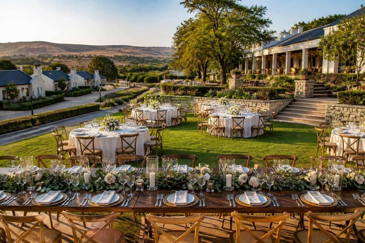 An elegant outdoor wedding reception at a Gauteng estate with spacious seating, landscaped gardens, and nearby guest accommodation.