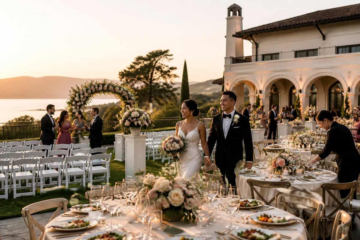 A couple and guests celebrate at an elegant Bay Area wedding venue with gardens, floral decorations, and a waterfront or vineyard backdrop.