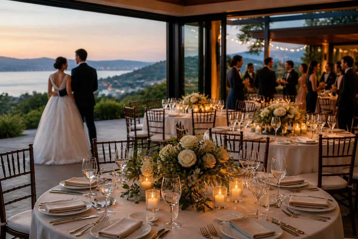 An elegant wedding reception is arranged at a scenic Bay Area venue with decorated tables, floral centerpieces, and guests mingling.
