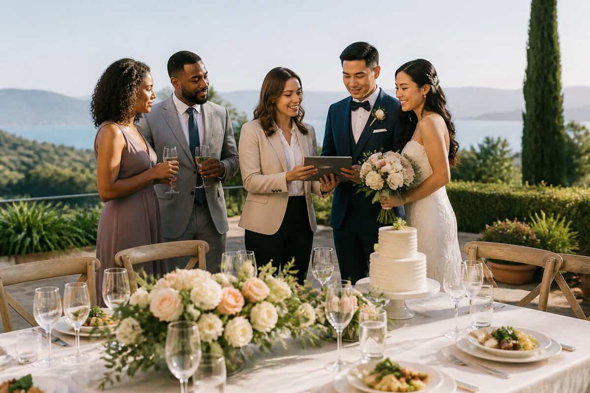 A couple and wedding coordinator review reception details at an elegant Bay Area outdoor wedding venue.