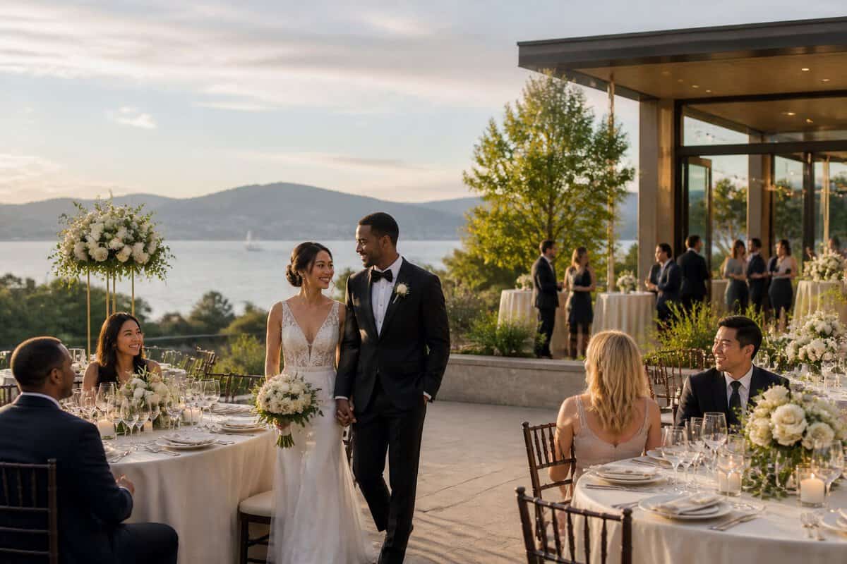An elegant outdoor wedding celebration at a waterfront venue overlooking the bay and hills.