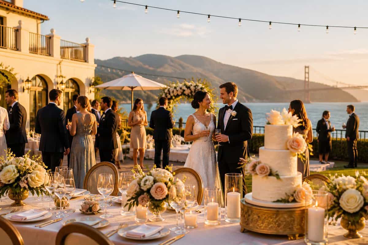 An elegant outdoor wedding reception overlooking the San Francisco Bay, with floral table settings, guests, and newlyweds at a scenic venue.