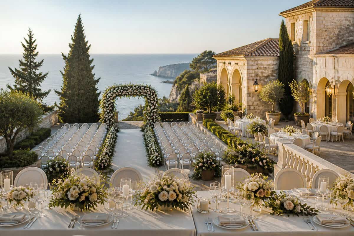 Elegant seaside European wedding venue with a floral ceremony arch, white chairs, and a decorated reception terrace.