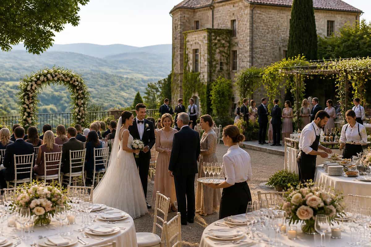 A bride and groom celebrate with guests at an all-inclusive wedding venue in a European countryside estate.