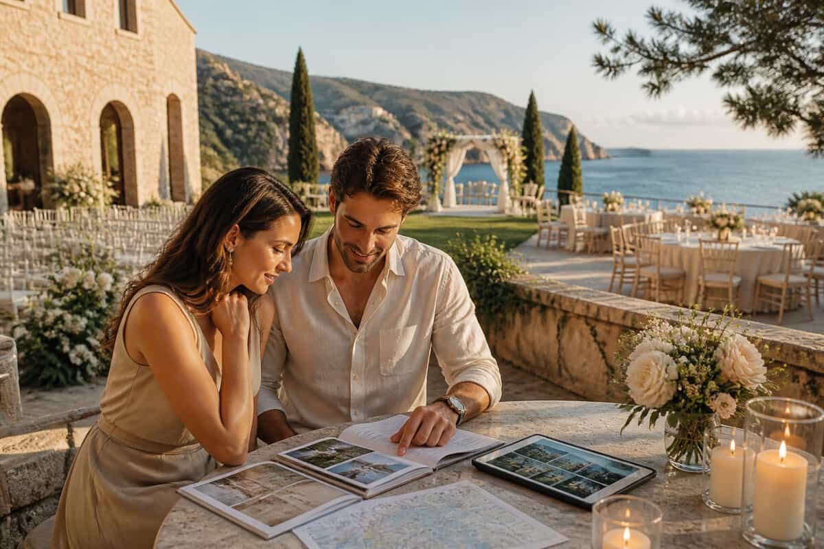 An engaged couple considers wedding venue options at a sunny European coastal estate.