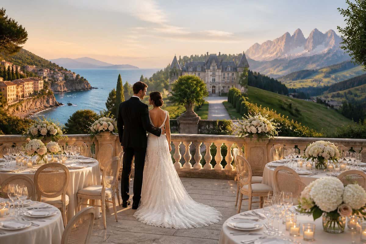 A newlywed couple overlooks an elegant wedding reception surrounded by scenic European coast, countryside, and historic architecture.
