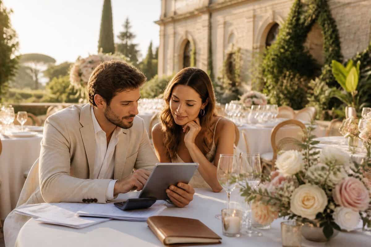 A couple reviews wedding budget materials at a beautifully arranged reception table at a European wedding venue.