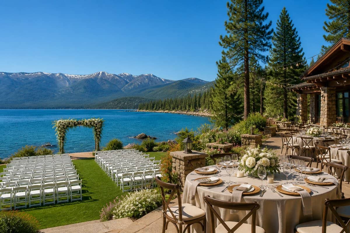 A fully arranged lakeside wedding venue overlooking Lake Tahoe, with a floral ceremony arch, guest chairs, reception tables, and mountains in the background.